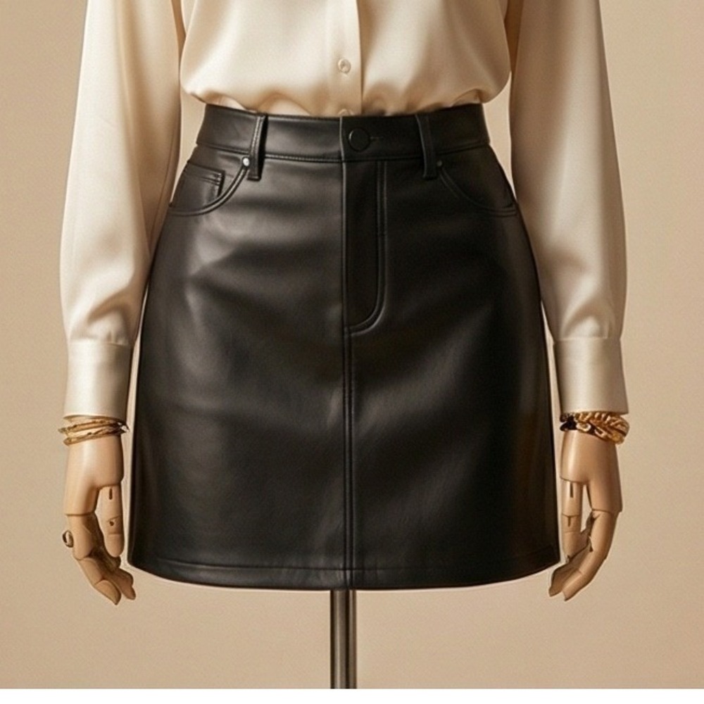 NYDJ 10 Sculpt-Her Faux Leather Mini Skirt Black Lift Tuck A-Line NWT